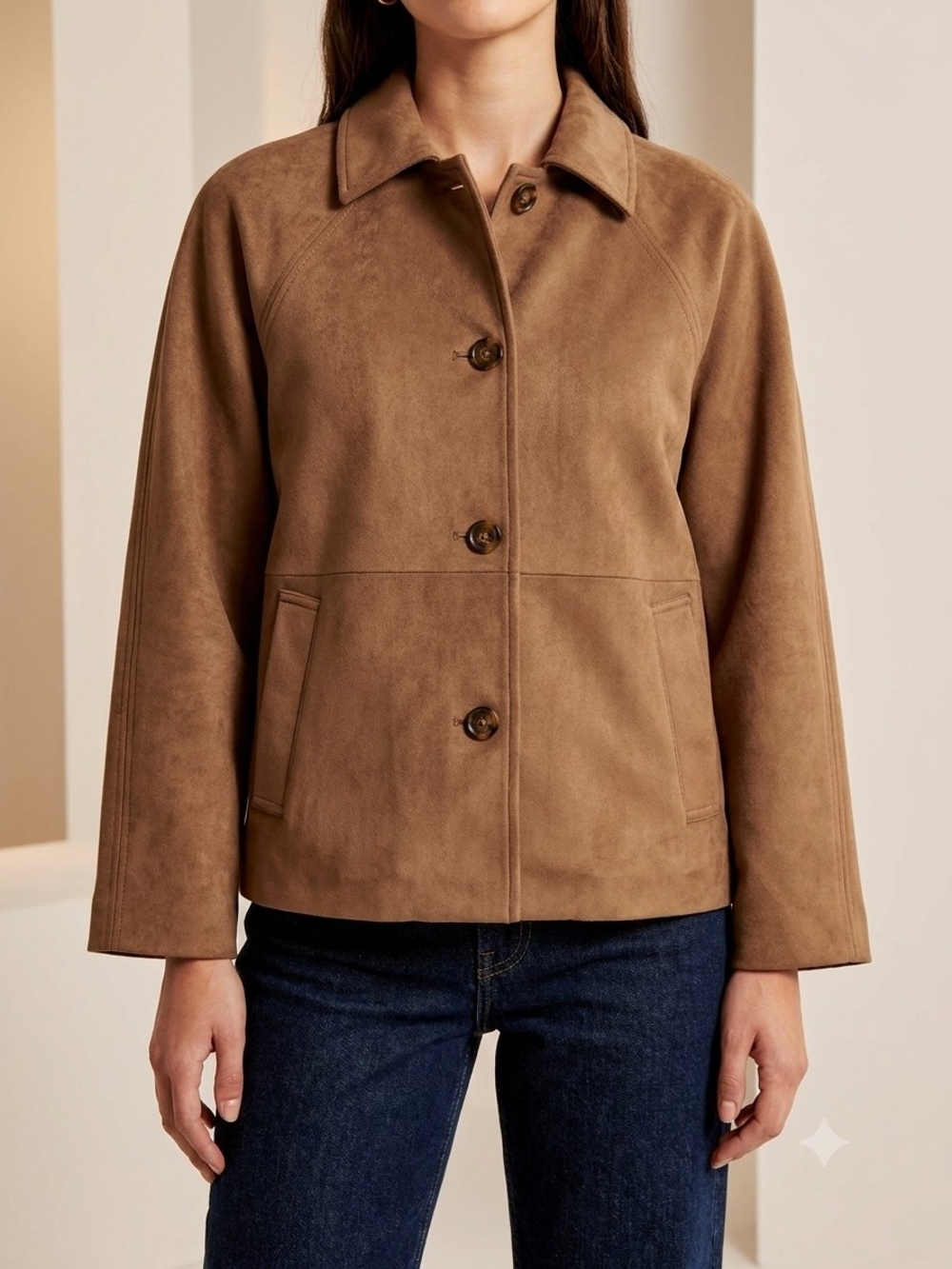 Abercrombie & Fitch Classic Vegan Suede Button Front Jacket Women’s L CamelBrown